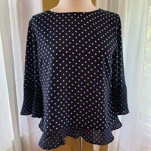 Talbots navy blue polka dot short top with flouncy 3/4 length sleeves